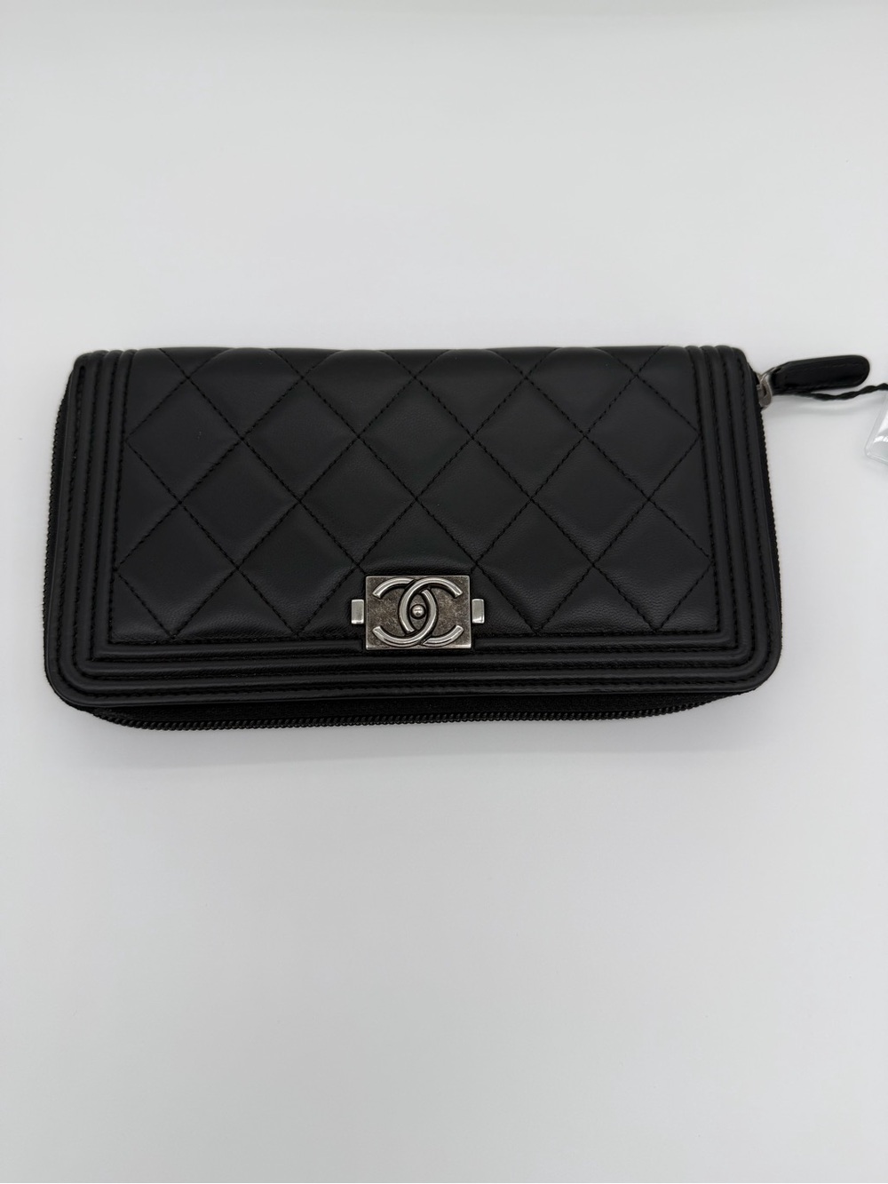CHANEL Black Quilted Zip-Around Wallet with Silver CC Lock